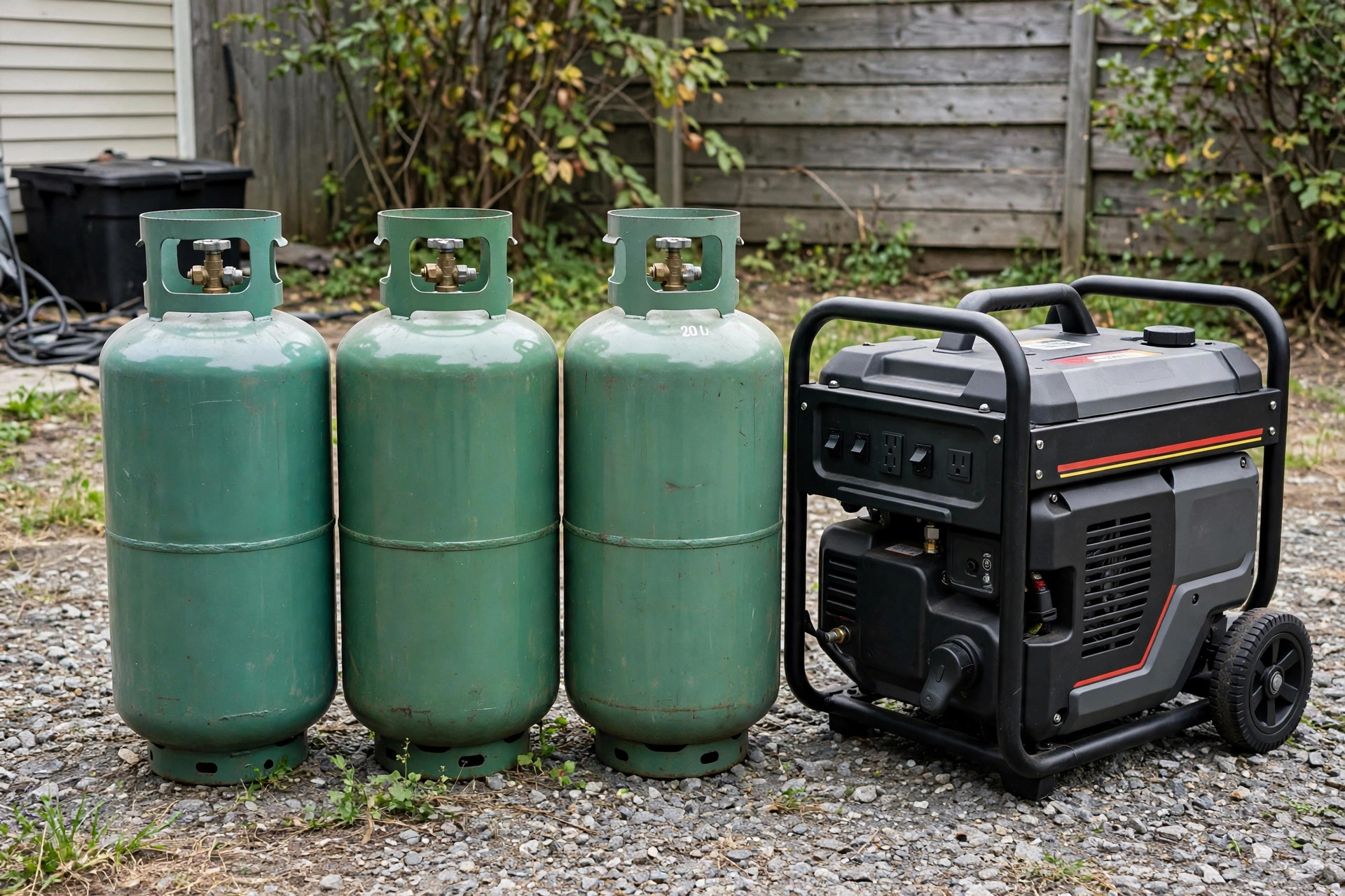 Realistic photo of 20-lb propane tanks stored upright outdoors next to a dual-fuel generator