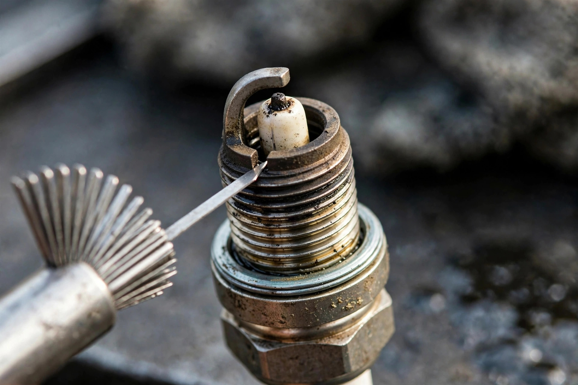 Realistic close-up photo of a spark plug gap being measured with a feeler gauge