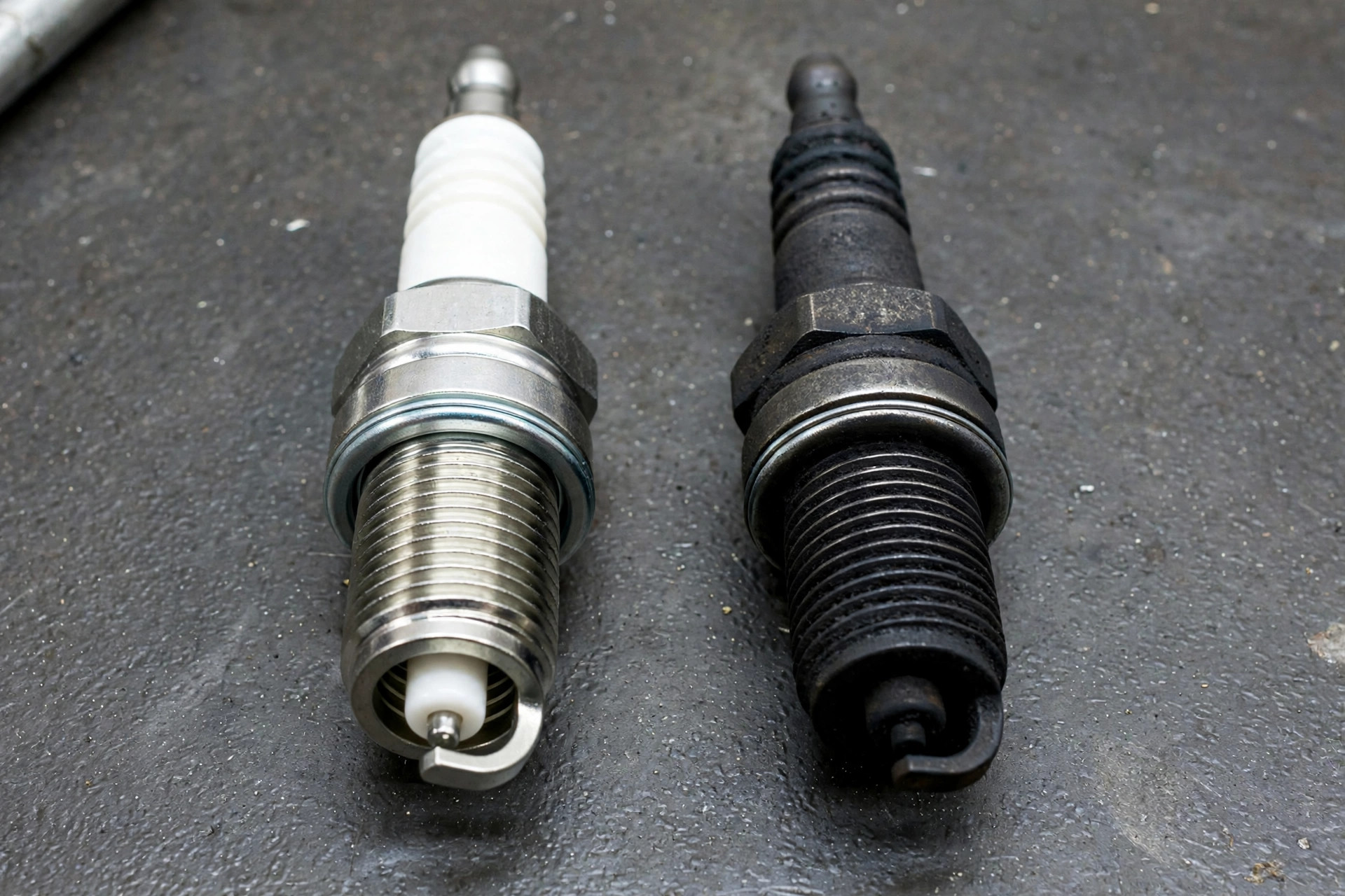 Realistic photo comparing a new spark plug and a worn carbon-fouled spark plug side by side