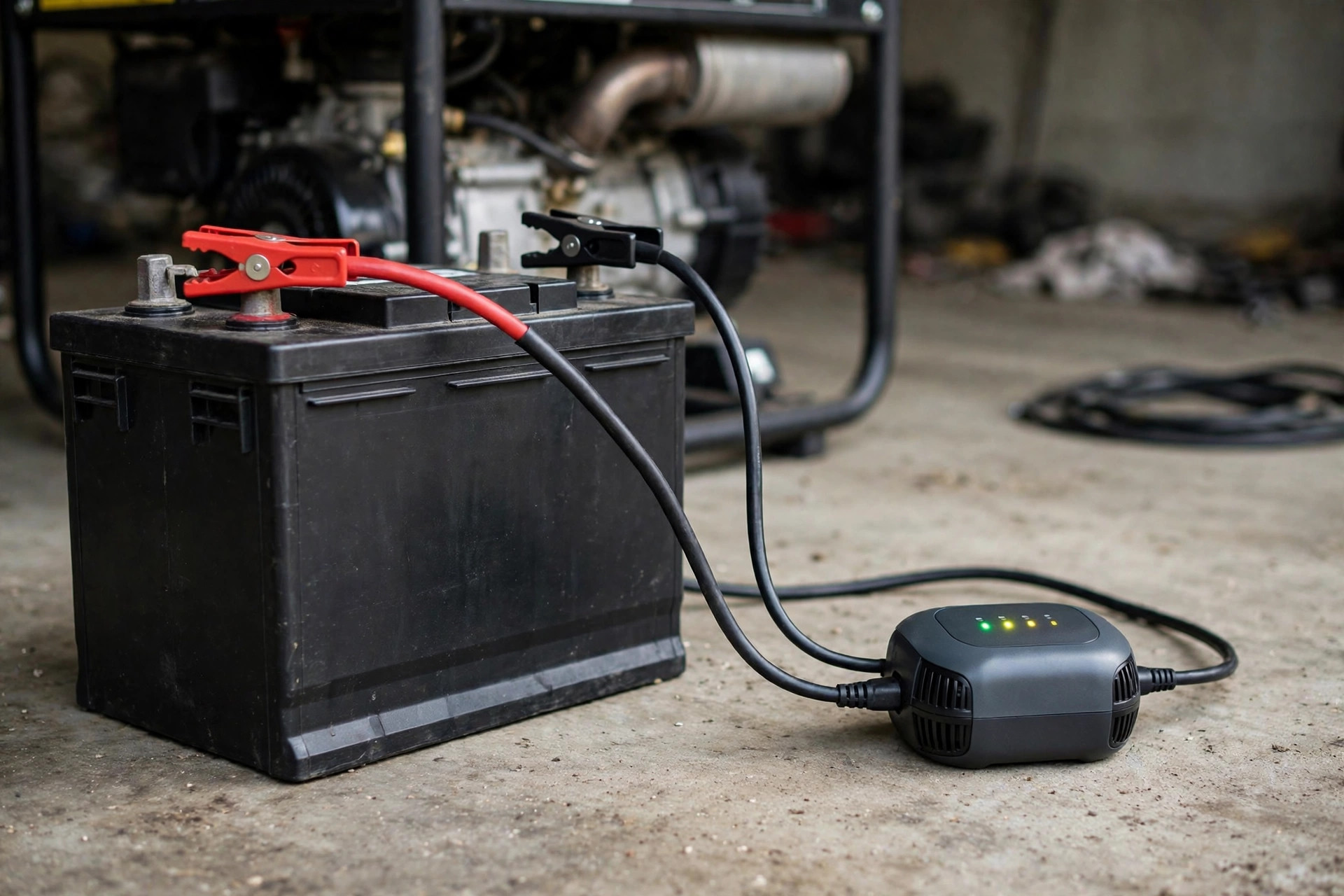 Realistic photo of a generator battery connected to a small smart battery maintainer