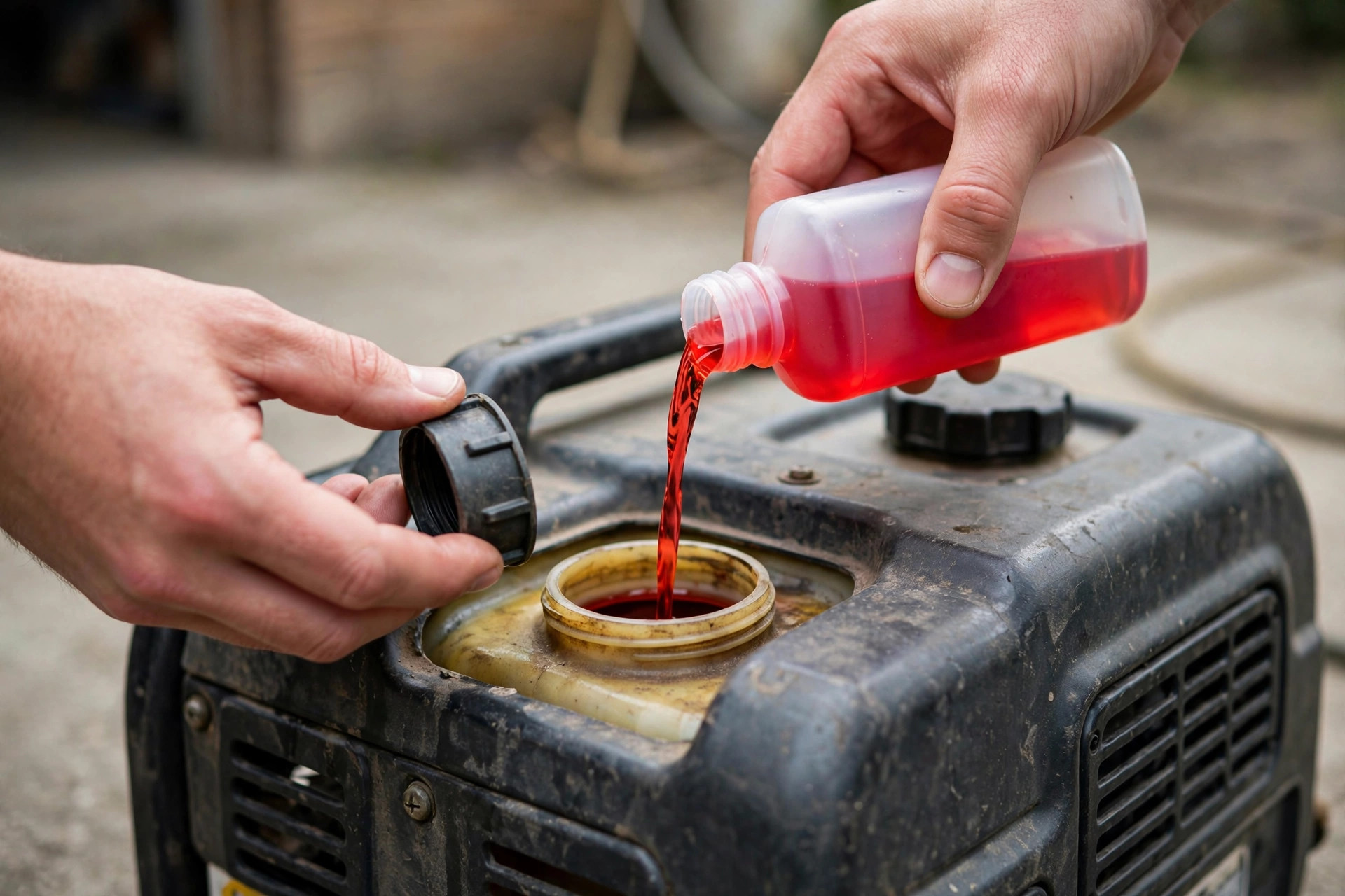 Realistic photo of hands adding red fuel stabilizer to a generator gas tank