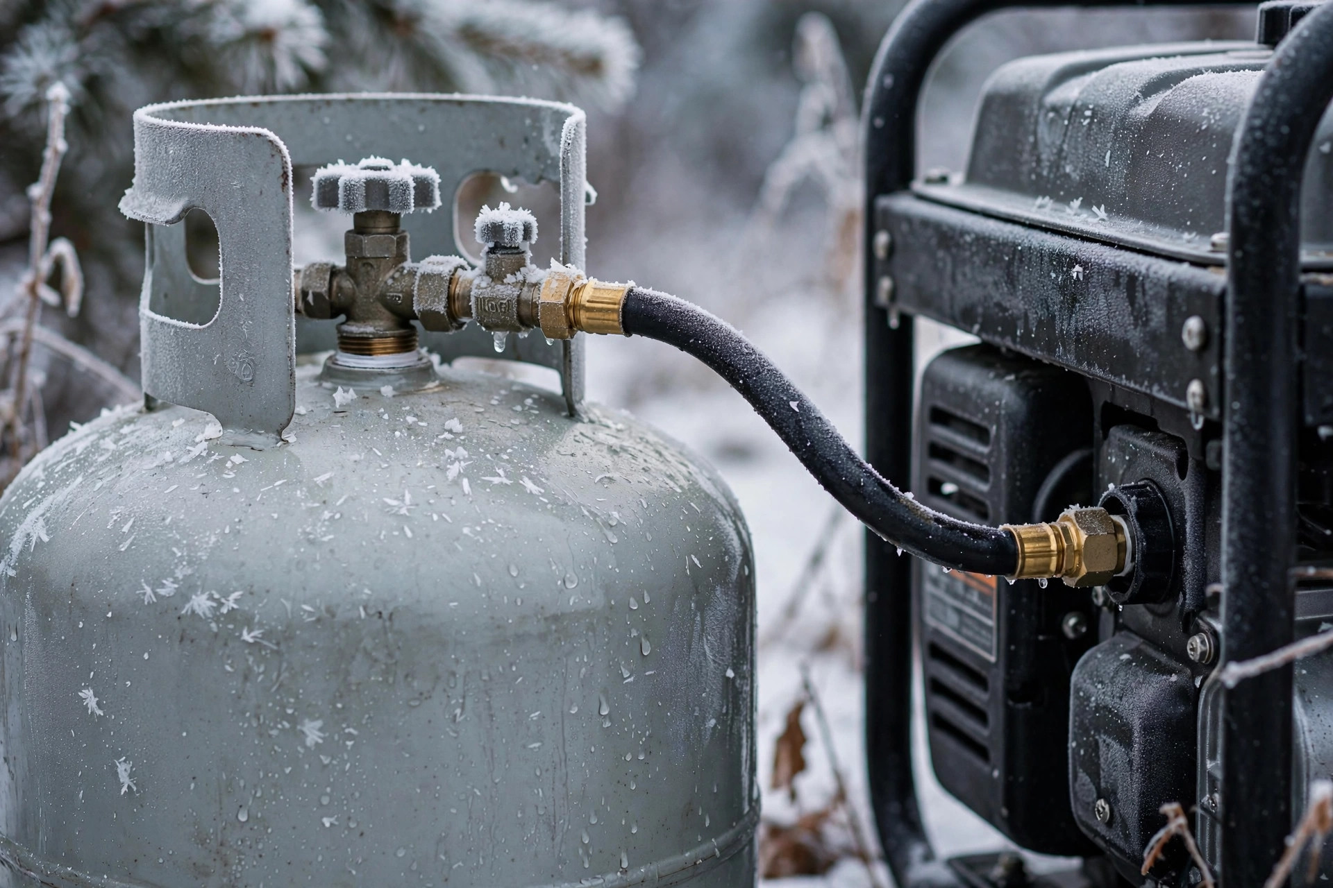 Realistic close-up photo of a frosty 20-lb propane tank connected to a generator in winter