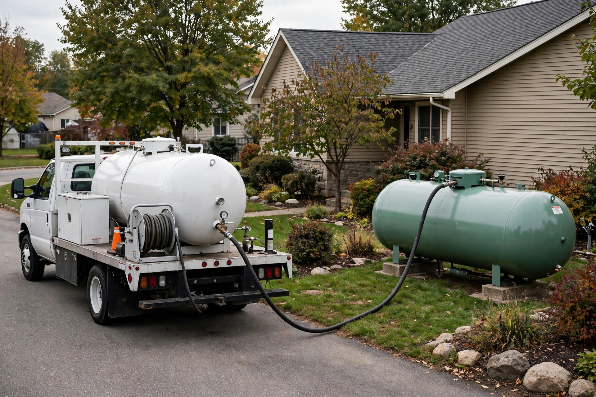 Realistic photo of a propane delivery truck filling a residential stationary tank