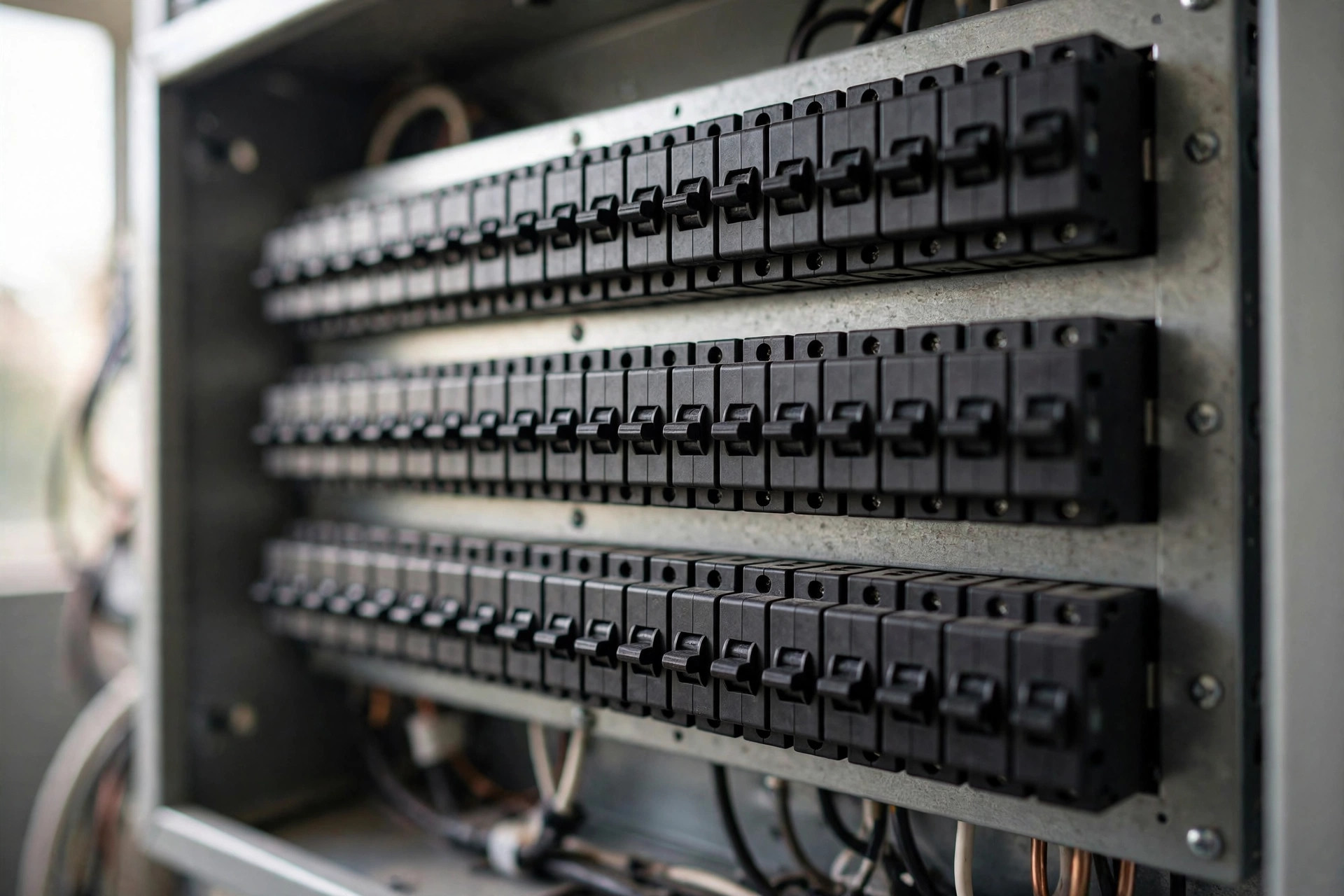 Circuit breaker panel close-up for NEC 2026 generator requirements.