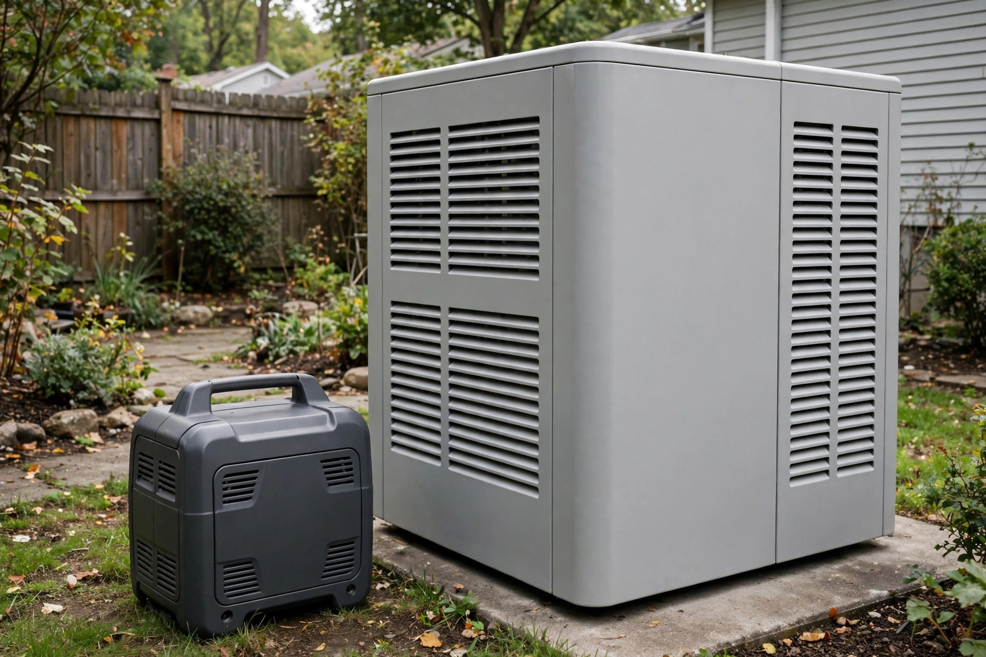 Compact portable generator next to a large standby unit contrast.
