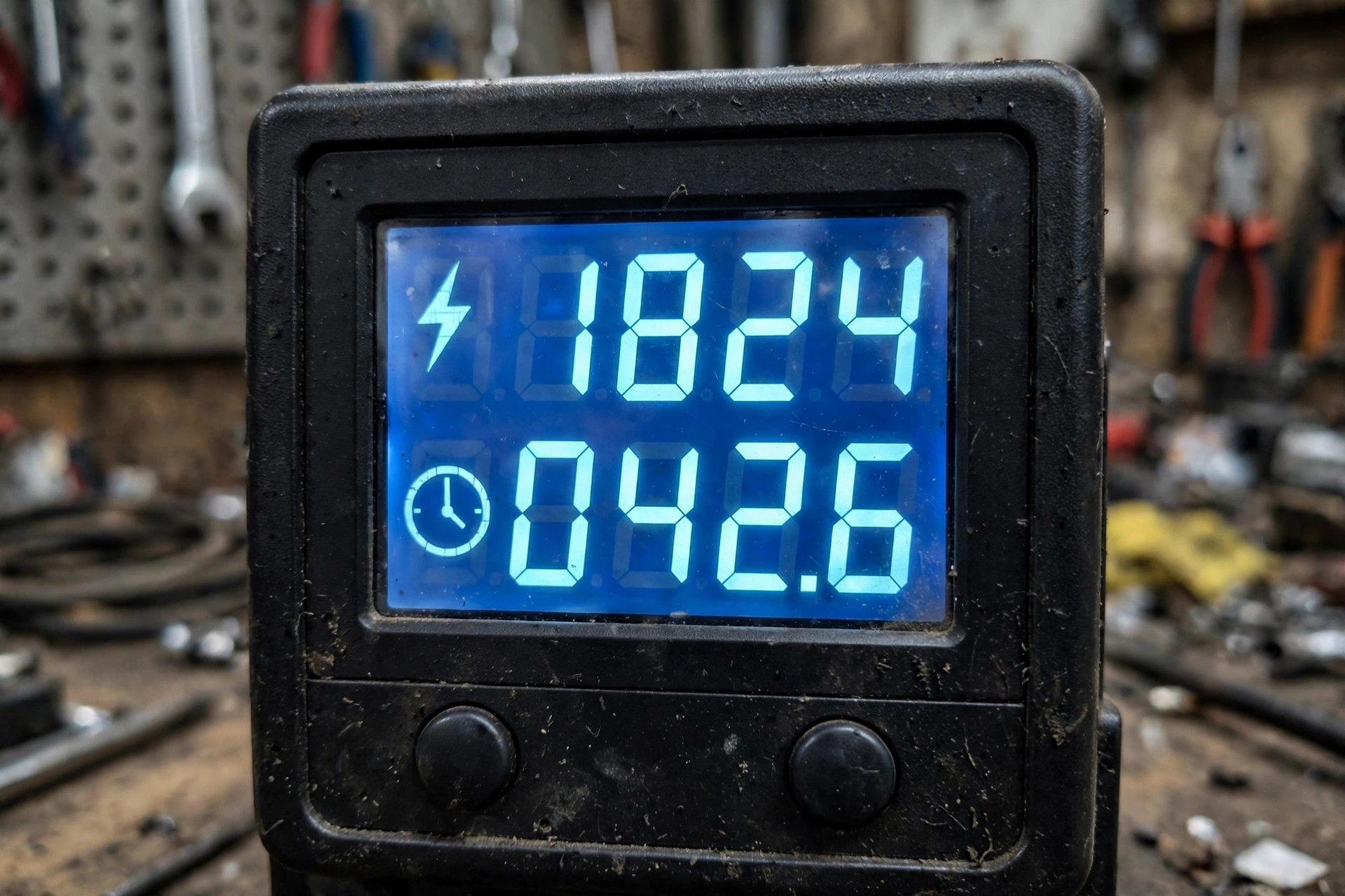 Realistic close-up of an inverter generator digital display showing wattage output and hour meter, workshop background, no te