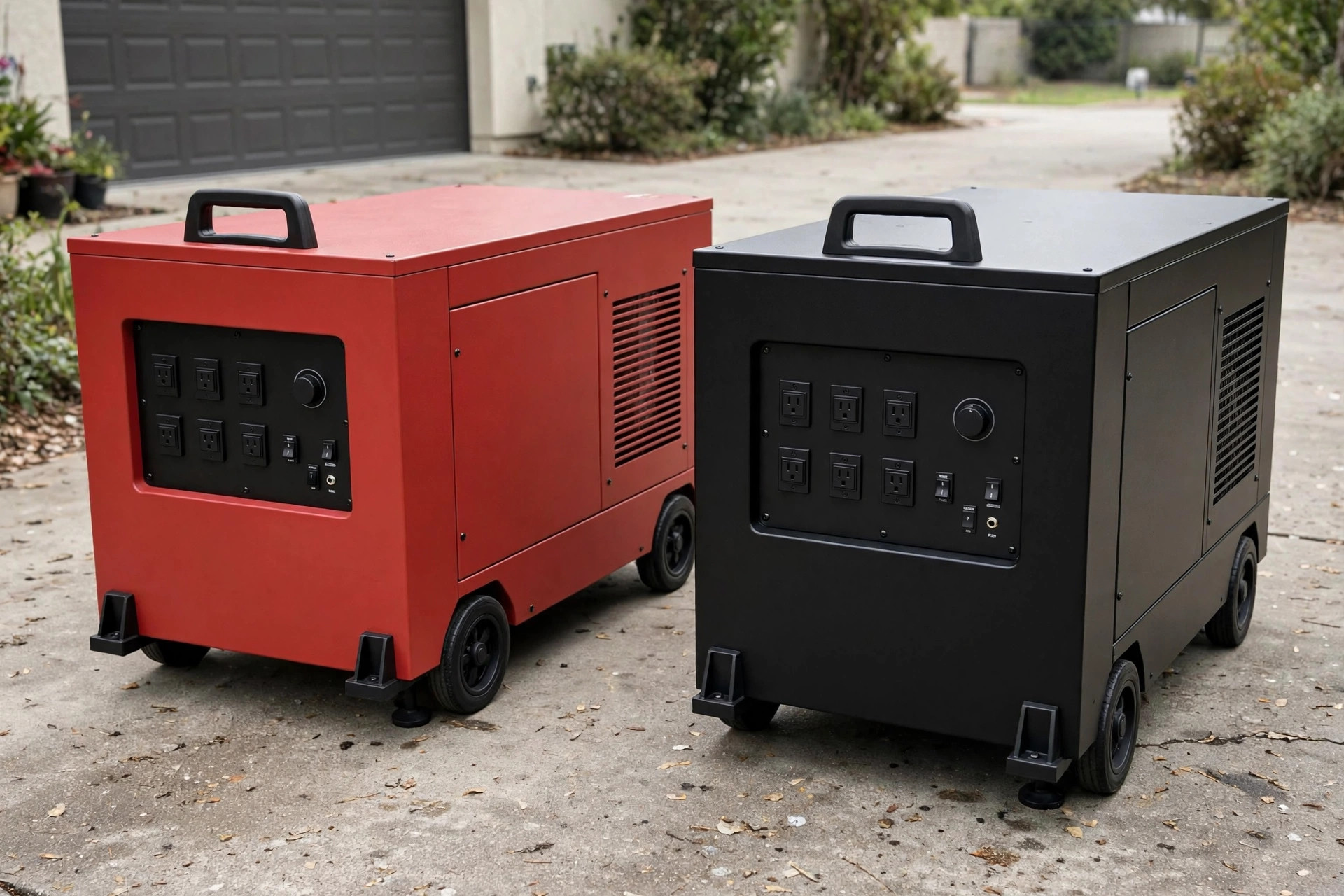 Realistic photo comparing two large inverter generators side by side on a driveway, one red one black, no text in image