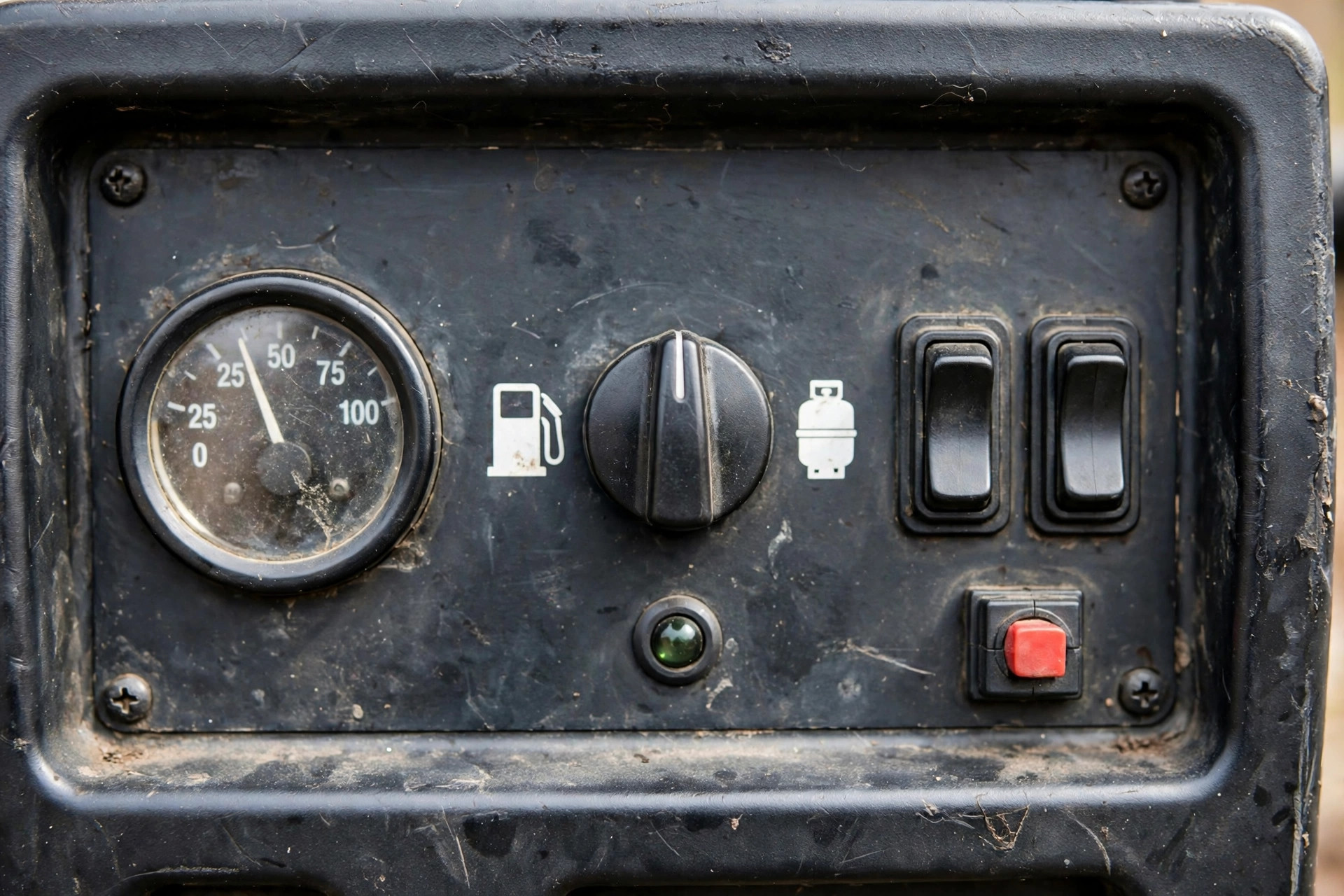 Close-up of generator control panel showing fuel selector switch between gas and propane, realistic, no text