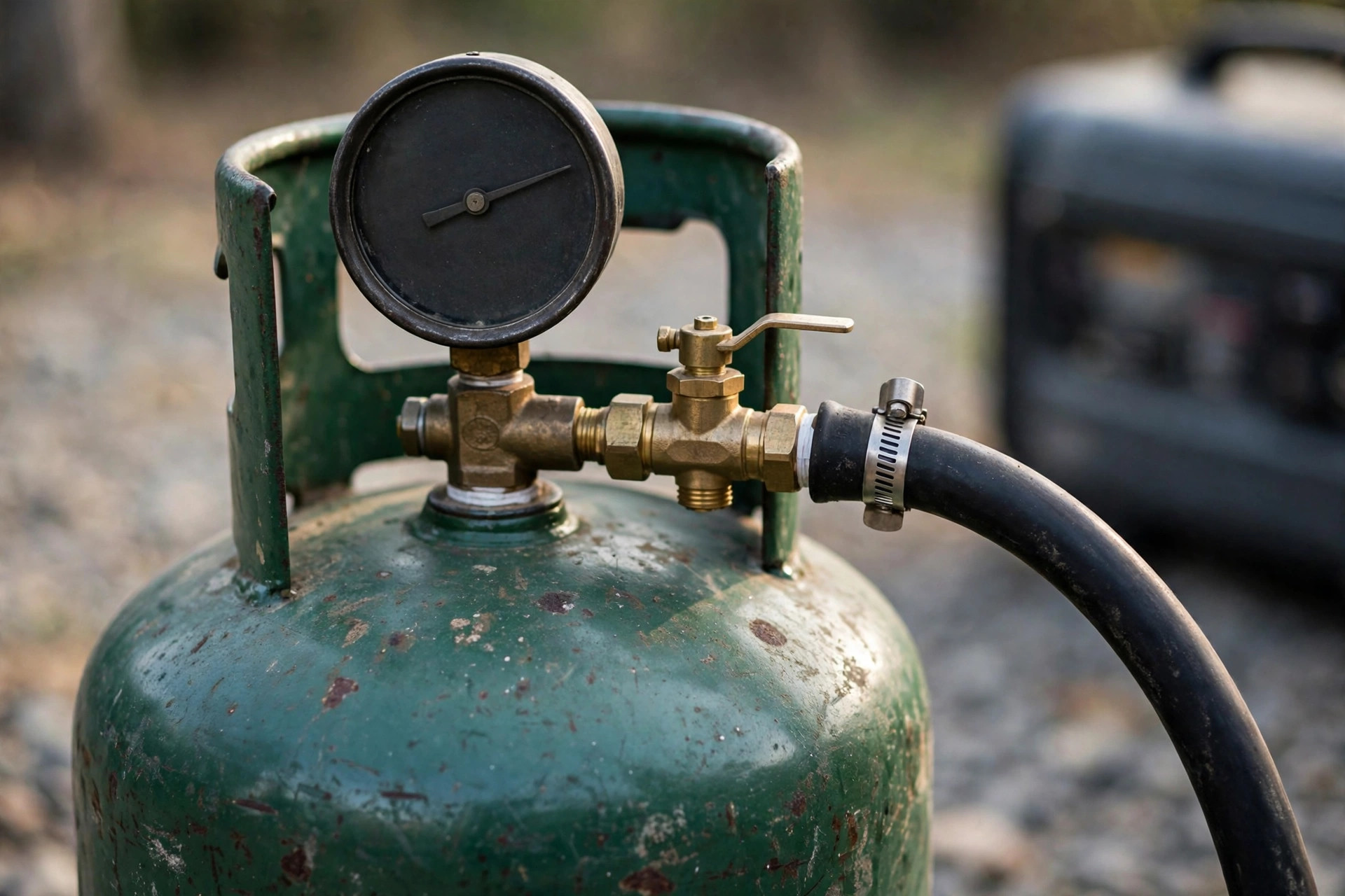 Propane tank gauge and generator fuel hose connection detail, realistic, no text