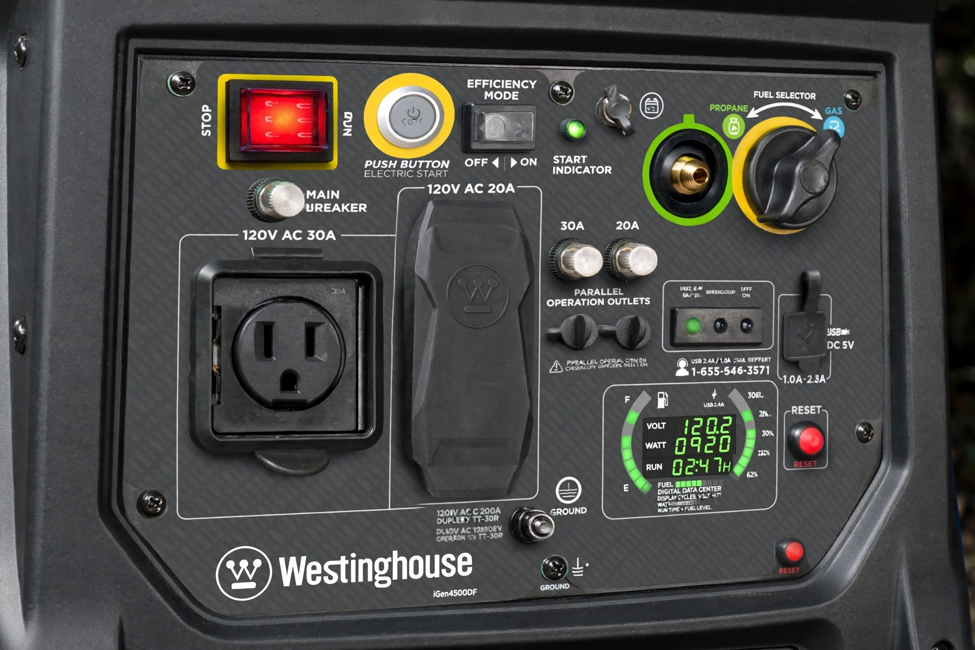 Realistic close-up photo of the iGen4500DF control panel showing outlets, LED data center display, and fuel selector dial