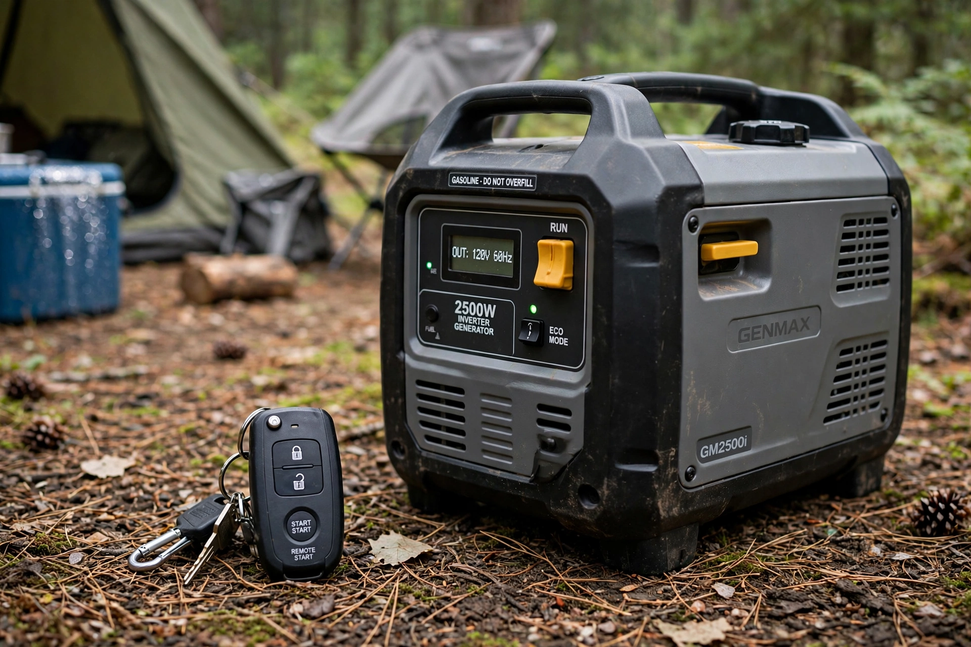 Realistic photo of the generator's key fob remote start next to the unit at a campsite