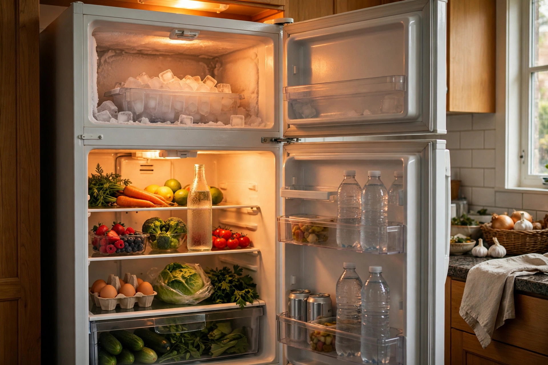 Open refrigerator stocked with food under warm emergency lighting.