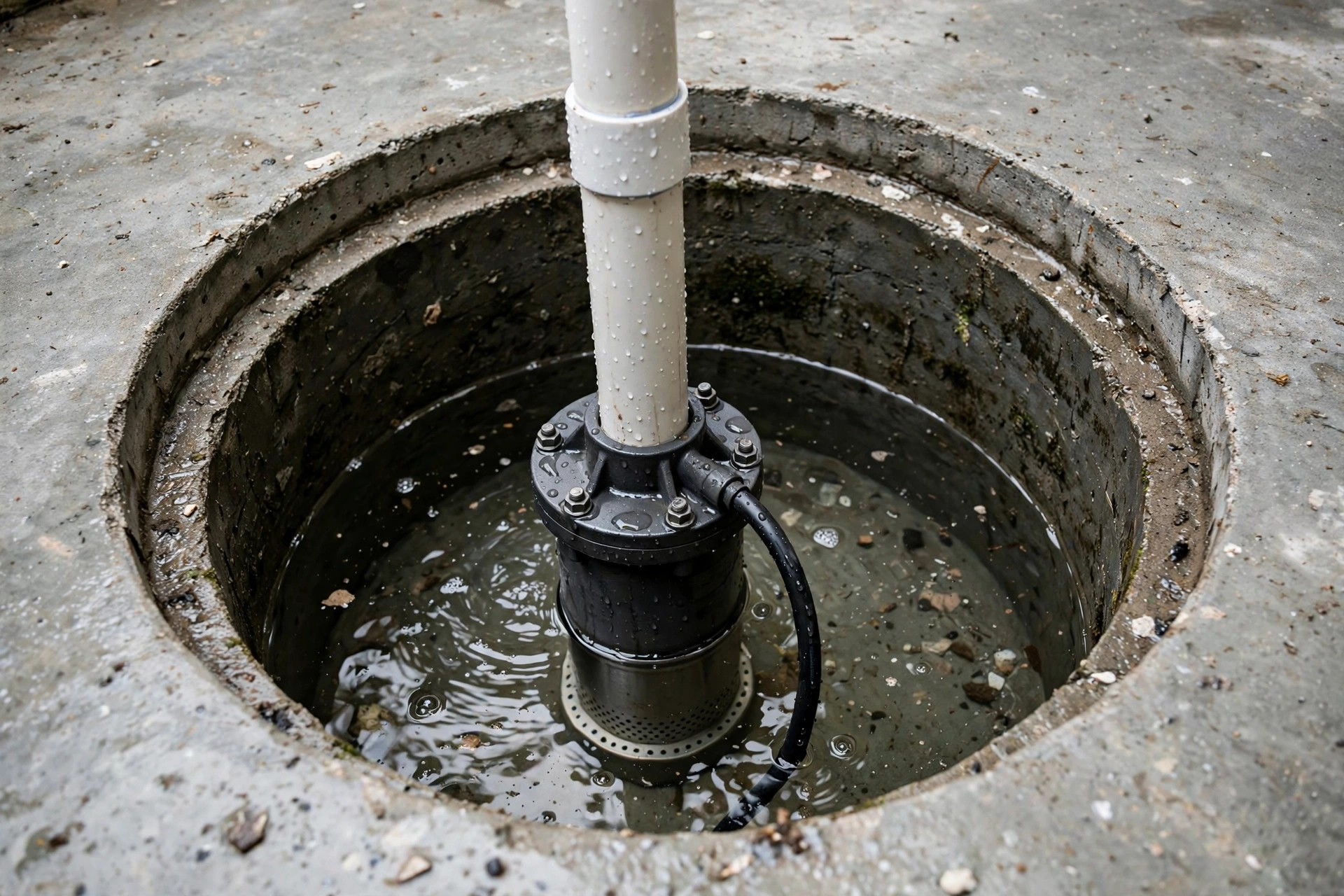 Sump pump in a water-filled pit with its discharge pipe.
