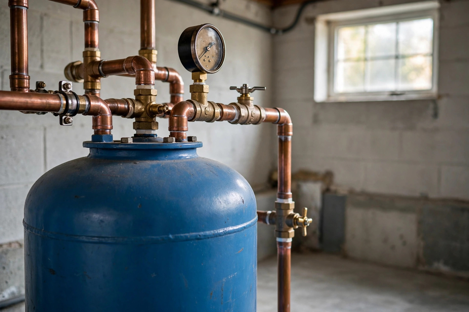 Well pump pressure tank and pipes in a basement utility room.
