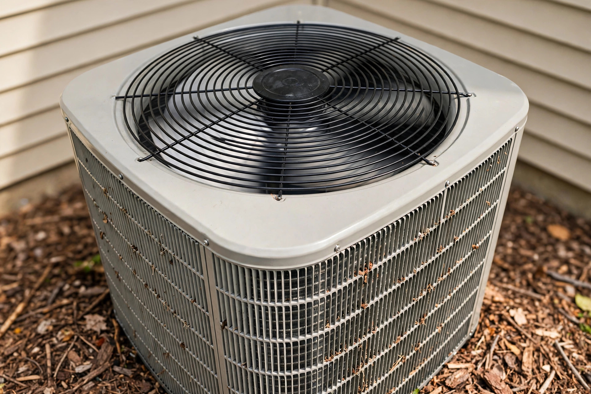 Close-up of an outdoor central air conditioner condenser unit.