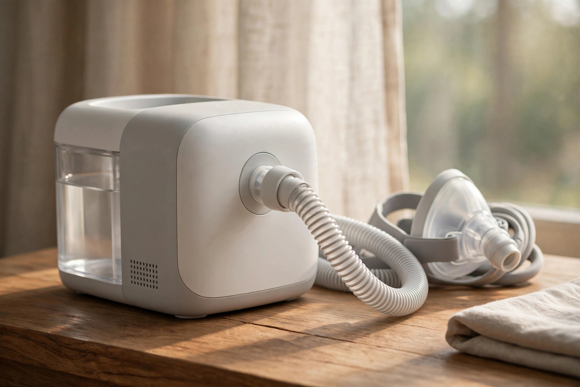 CPAP machine with mask and hose on a bedside table.