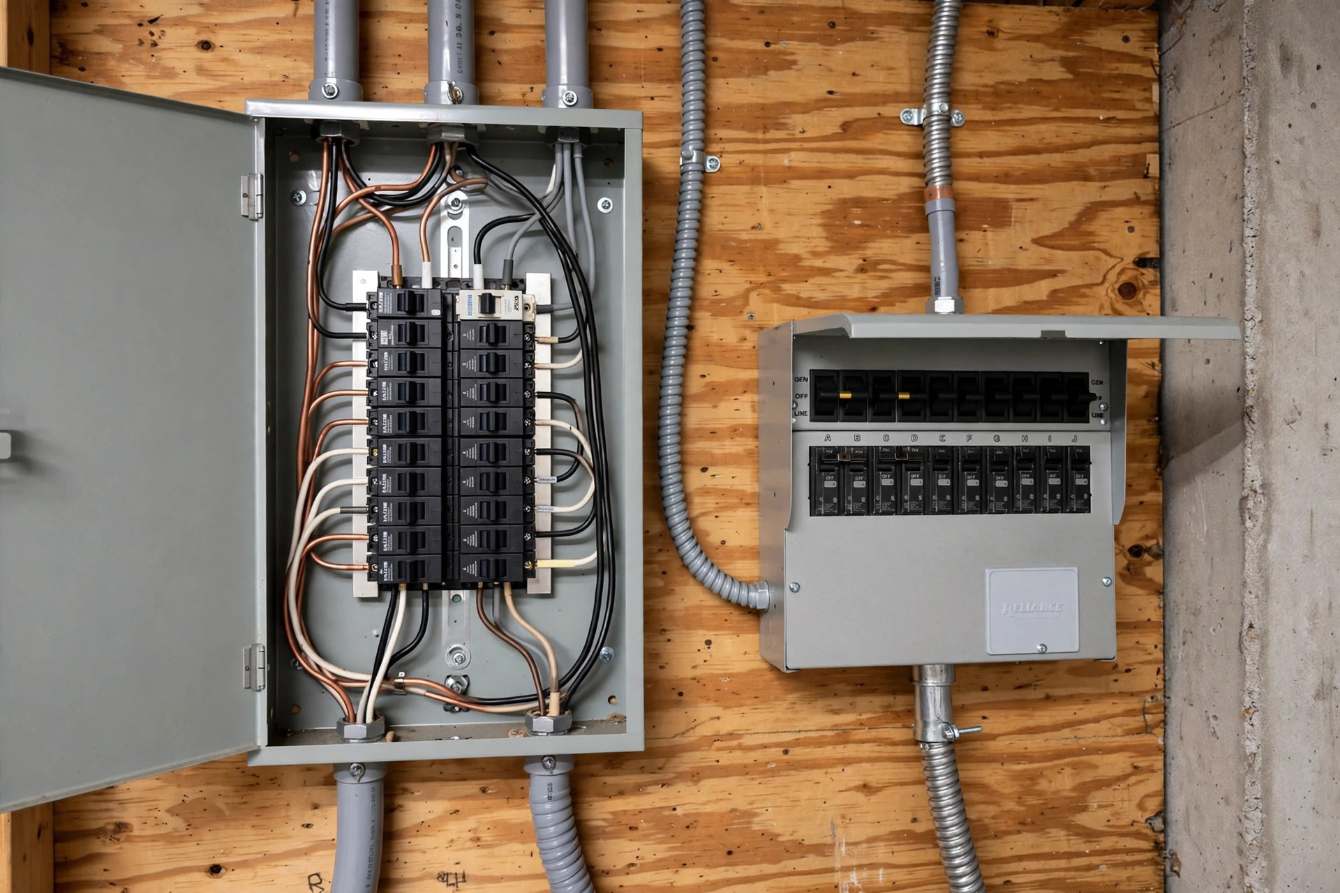 Reliance-style 10-circuit manual transfer switch mounted beside main breaker panel, realistic, no text