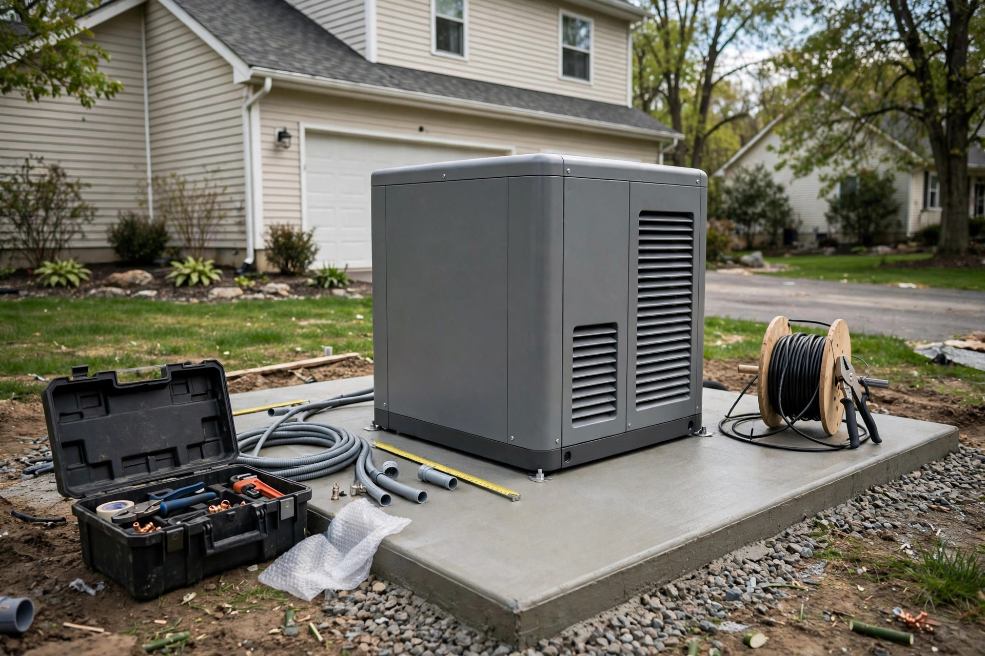 Whole house generator unit resting on a fresh concrete pad.